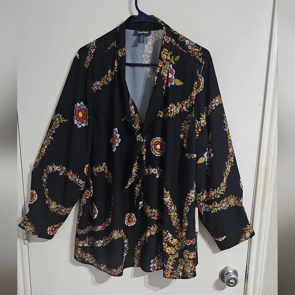 NWT ModCloth Women Floral Top Blouse 3X Black Green Boho Lagenlook‎ Lightweight